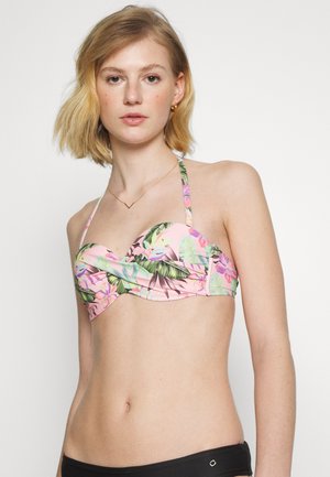 Růžový bikini top s tropickým listovým a květinovým vzorem, tvarované košíčky, nastavitelné ramínka a design s twistem vpředu. Měkký, elastický materiál.