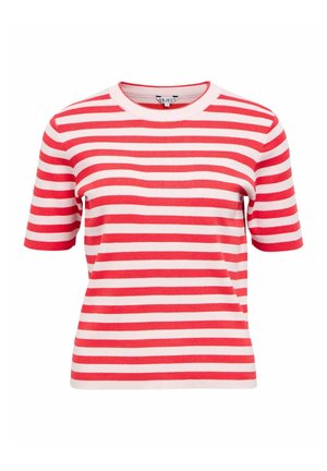 Kortærmet strikket top med vandrette røde og lyserøde striber og rund halsudskæring.
