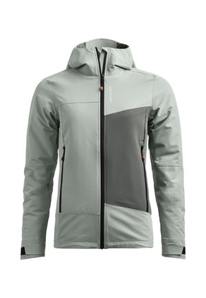 Hellgraue Kapuzenjacke mit dunkelgrauem asymmetrischem Frontpaneel, zentralem Reißverschluss, zwei seitlichen Reißverschlusstaschen und Handgelenkverstellungen.