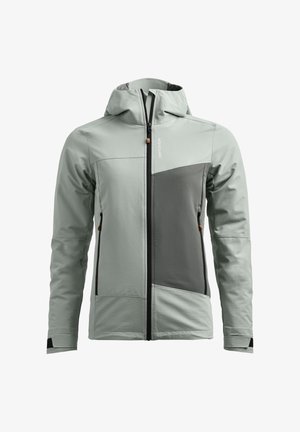 Light gray hooded jacket with dark gray asymmetrical front panel, central zipper, two side zip pockets, and wrist adjustments.