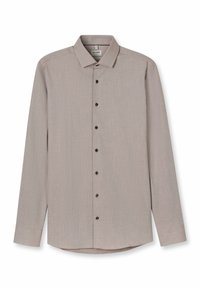 Langärmliges, hellbraunes Hemd mit strukturiertem Muster, Button-Down-Kragen und dunklen Knöpfen entlang der Vorderseite. Der Saum ist leicht abgerundet.