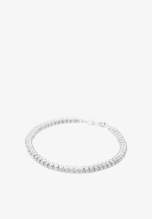 Silver bracelet featuring a flexible chain design with round clear crystals set in a series. Clasp closure at one end.