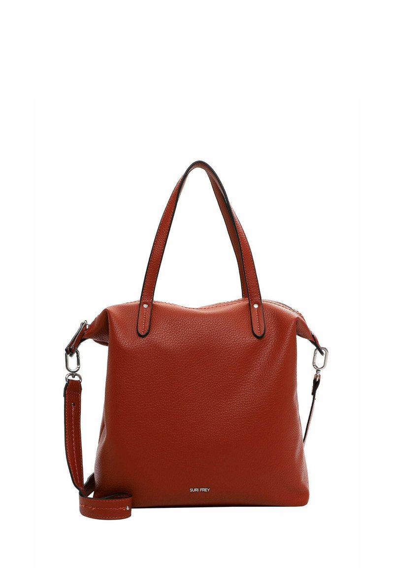 Rote, genarbte Lederhandtasche mit zwei Griffen, abnehmbarem Schultergurt, Reißverschluss und dezentem Branding auf der Vorderseite. Glatte Textur.