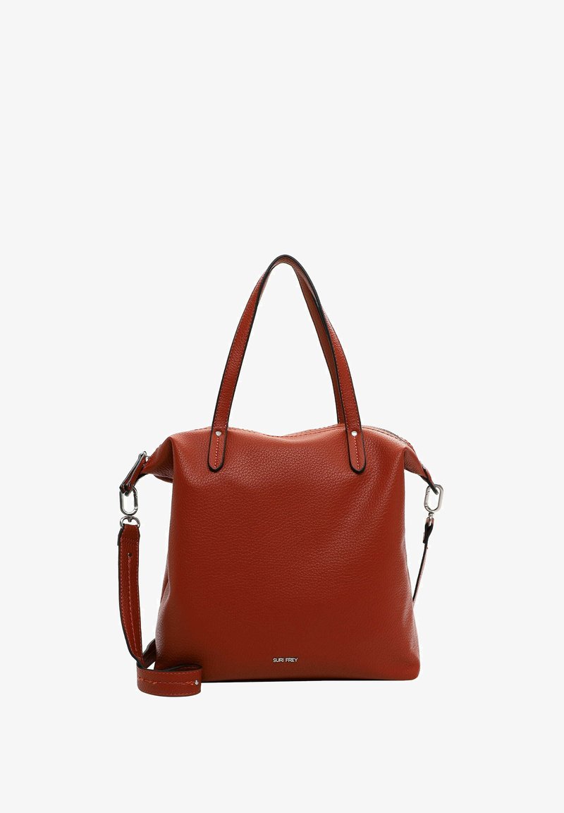 Rote, genarbte Lederhandtasche mit zwei Griffen, abnehmbarem Schultergurt, Reißverschluss und dezentem Branding auf der Vorderseite. Glatte Textur.