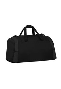 Borsa a tracolla nera realizzata in tessuto resistente, con doppie maniglie e chiusura con zip. Texture liscia con forma rettangolare e senza motivi visibili.