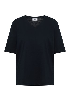 T-shirt noir à manches courtes avec col en V, coupe décontractée et étiquette "CECIL" au niveau de l'encolure.