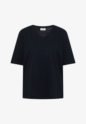 T-shirt noir à manches courtes avec col en V, coupe décontractée et étiquette "CECIL" au niveau de l'encolure.