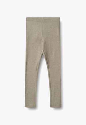 Børns beige ribstrikkede leggings med elastisk taljebånd, fullængde, vist fladt på hvid baggrund.