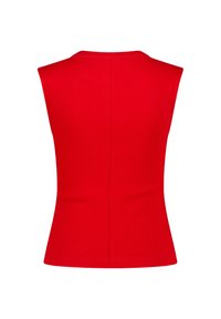 Red sleeveless top with a ribbed texture, fitted design, and back seam detail. The neckline is rounded and the color is vibrant.
