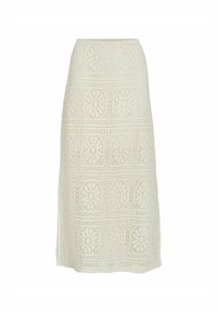 Jupe midi en dentelle de couleur crème clair, avec des motifs floraux découpés, taille ajustée et silhouette droite. Texture douce et détails complexes.