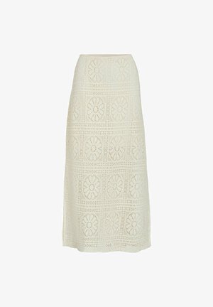 Spitzen-Midi-Rock in hellem Creme, mit floralen Durchbrüchen, tailliert und mit geradem Schnitt. Weiche Textur und aufwendige Details.