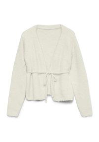 Roomkleurig vest van zachte, pluizige stof. Heeft een diepe V-hals, lange mouwen en een strik in de taille.