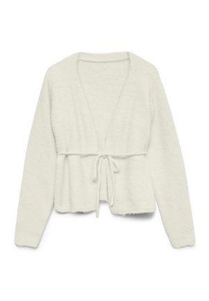 Kremowy kardigan wykonany z miękkiego, puszystego materiału. Posiada głęboki dekolt w kształcie litery V, długie rękawy oraz pasek do wiązania w talii.