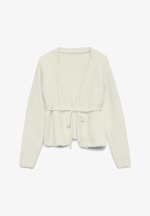 Cardigan couleur crème en tissu doux et moelleux. Présente un col en V profond, des manches longues et un lien à la taille.