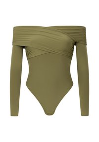 Olijfgroene off-the-shoulder body met lange mouwen, met een gedrapeerd ontwerp en zachte, rekbare stof.