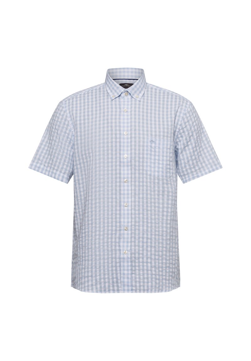 Kurzarm-Hemd mit Knöpfen in einem hellblauen und weißen Karomuster. Verfügt über einen klassischen Kragen und eine Brusttasche. Hergestellt aus strukturiertem Gewebe.
