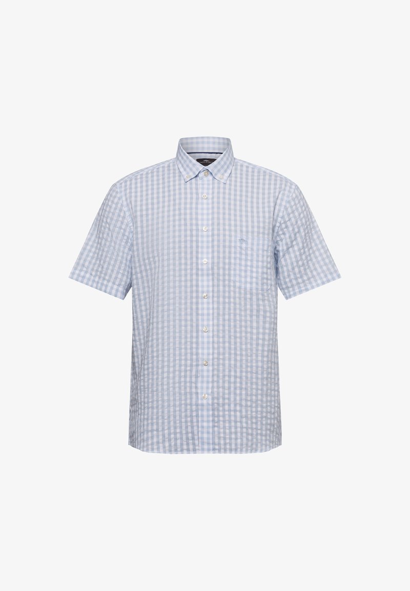 Kurzarm-Hemd mit Knöpfen in einem hellblauen und weißen Karomuster. Verfügt über einen klassischen Kragen und eine Brusttasche. Hergestellt aus strukturiertem Gewebe.
