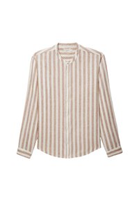 Chemise à manches longues en lin avec des rayures verticales alternées beige clair et blanches, boutonnière à l'avant, col arrondi et poignets.