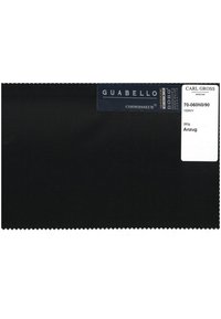 Schwarzes Stoffmuster mit glatter Textur, beschriftet "GUABELLO CONNOISSEUR", 100% Wolle, 260g, mit Zickzackkanten und Pflegehinweisen.