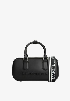 Borsa nera in materiale liscio, con doppie maniglie arrotondate e tracolla rimovibile con logo. Superficie lavorata con dettagli in rilievo.