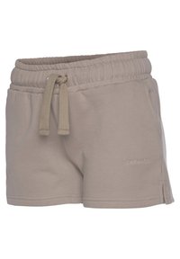 Light beige cotton shorts with an elastic waistband, drawstring, side pockets, and stitched logo detail. Smooth texture, relaxed fit.