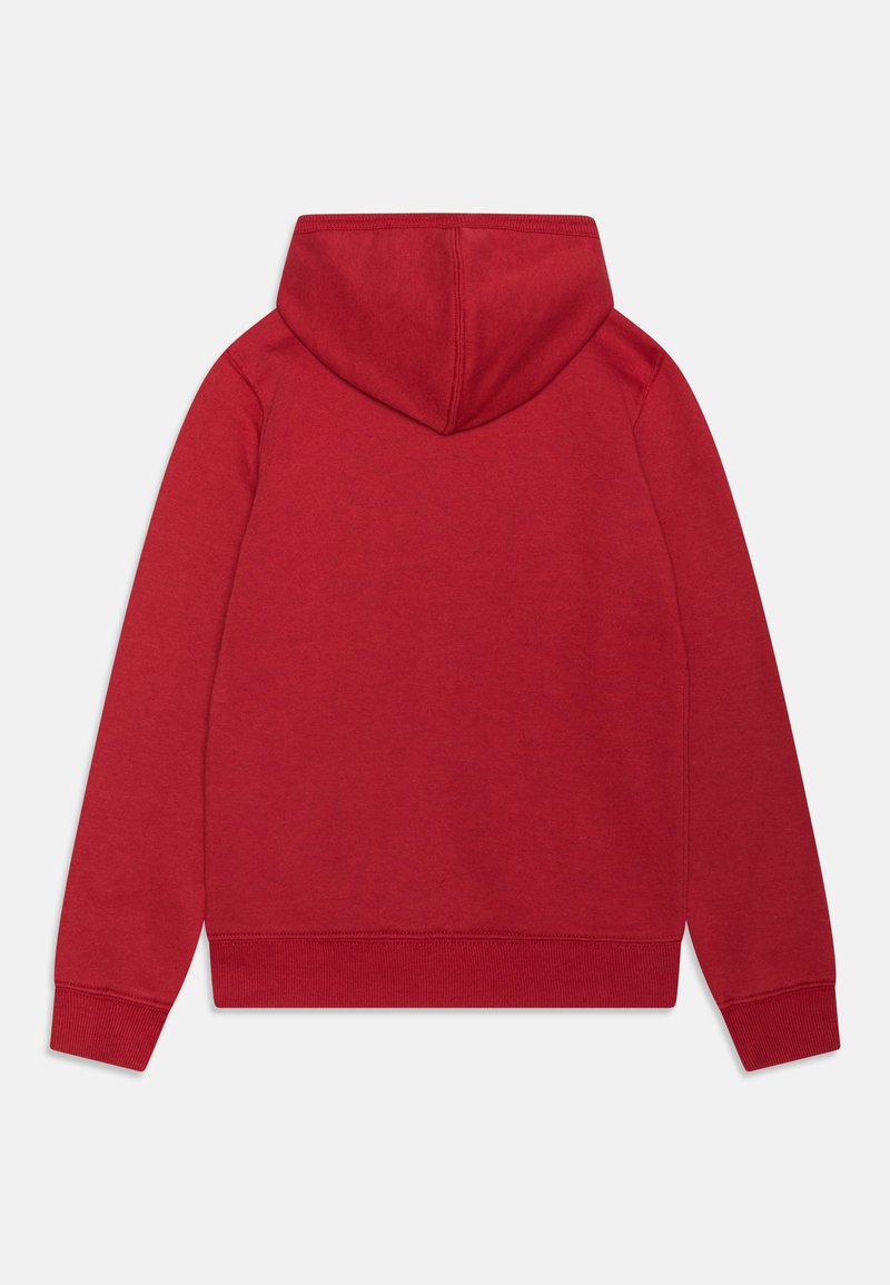 Felpa rossa con cappuccio, dal tessuto morbido, con polsini e orlo a costine. Presenta una cucitura verticale sul retro e un design classico del cappuccio.