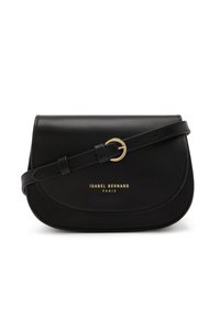 Sac à épaule en cuir noir avec une silhouette courbée, quincaillerie dorée et logo en relief. Bandoulière ajustable pour un port polyvalent.