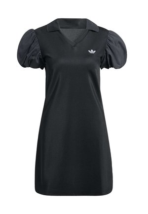 Czarna sukienka z dekoltem w serek, krótkimi bufkowatymi rękawami i teksturowanym materiałem. Na lewej piersi znajduje się małe białe logo.