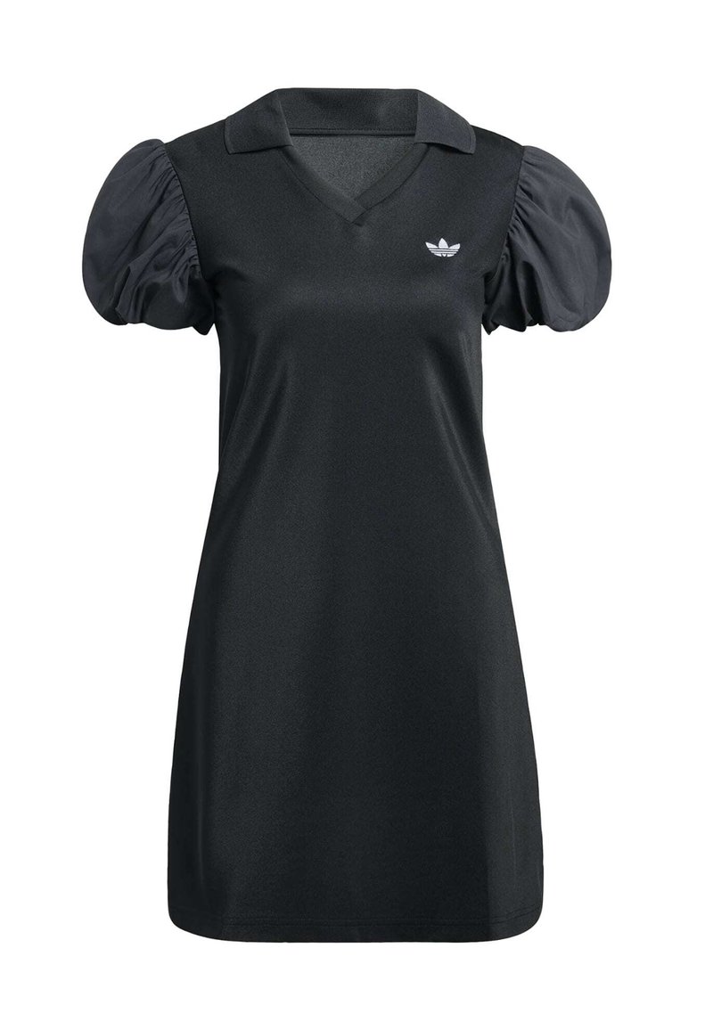 Abito nero con scollo a V, maniche corte a sbuffo e tessuto strutturato. Presenta un piccolo logo bianco sul petto a sinistra.