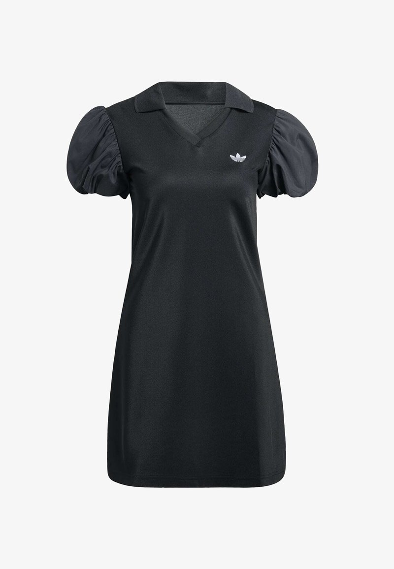 Abito nero con scollo a V, maniche corte a sbuffo e tessuto strutturato. Presenta un piccolo logo bianco sul petto a sinistra.