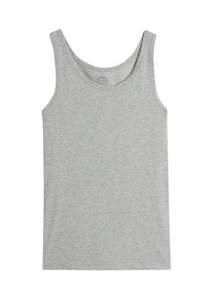Top grigio in cotone morbido; presenta un colletto rotondo e ampie scollature; design semplice con una texture liscia e leggera.