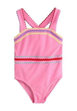 Rosa Badeanzug mit überkreuzten Trägern, verziert mit gelben, lila, roten und türkisfarbenen wellenförmigen Zierbändern über der Brust und Taille.