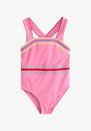 Ružové jednodielne plavky s prekríženými ramienkami, zdobené žltými, fialovými, červenými a tyrkysovými vlnitými pásmi cez hruď a pás.