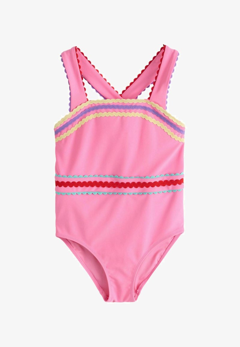 Rosa Badeanzug mit überkreuzten Trägern, verziert mit gelben, lila, roten und türkisfarbenen wellenförmigen Zierbändern über der Brust und Taille.