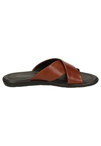 Sandale slide pour homme avec semelle noire et larges brides croisées en cuir marron sur le dessus.