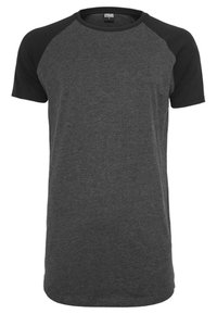 Dark gray short-sleeve t-shirt with black raglan sleeves. Crew neckline, soft fabric with smooth texture, and a straight cut design.