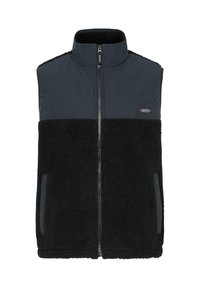 Gilet in pile nero con colletto alto, caratterizzato da una texture morbida, chiusura con zip e un design a pannelli a contrasto tra nero e grigio scuro.