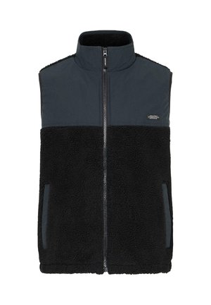 Sort fleece vest med høj krave, der har en blød tekstur, lynlås fortil og et design med kontrasterende paneler i sort og mørkegrå.