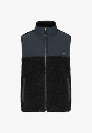 Schwarze Fleece-Weste mit hohem Kragen, ausgestattet mit einer weichen Textur, einem Reißverschluss auf der Vorderseite und einem kontrastierenden Design aus schwarzen und dunkelgrauen Paneelen.