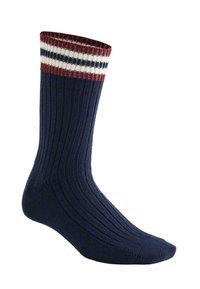 Calzino blu navy a coste con polsino a righe rosse e bianche, caratterizzato da una vestibilità confortevole e una texture liscia.
