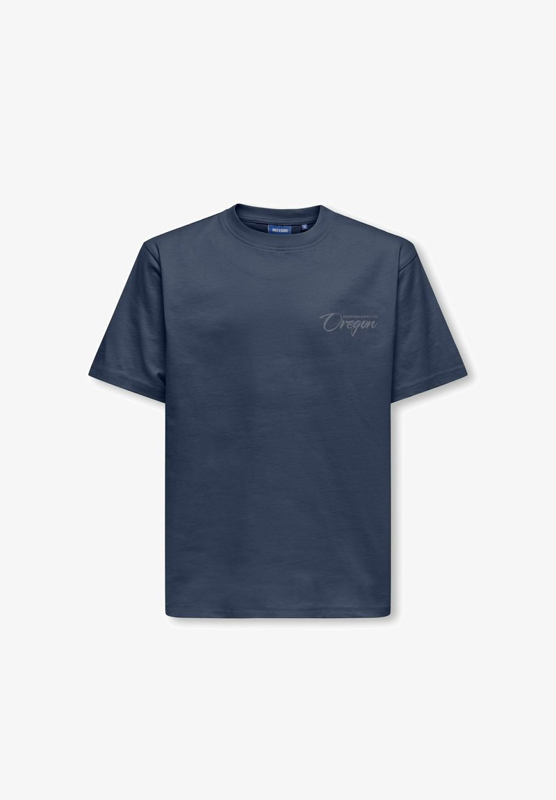 Navyblå bomulds T-shirt med korte ærmer, rund halsudskæring og en subtil grafik af "Oregon" trykt på forsiden. Glat tekstur.