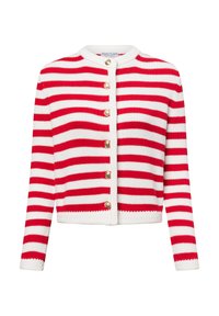 Gestreifte Strickjacke in Rot und Weiß mit Rundhalsausschnitt, Knopfleiste und goldfarbenen Knöpfen. Aus strukturiertem Strickstoff, kurz geschnitten.
