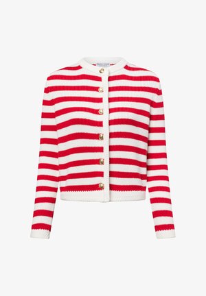 Rood en wit gestreepte cardigan met een ronde halslijn, knoopsluiting aan de voorkant en gouden knopen. Gemaakt van textuurgebreide stof, cropped ontwerp.