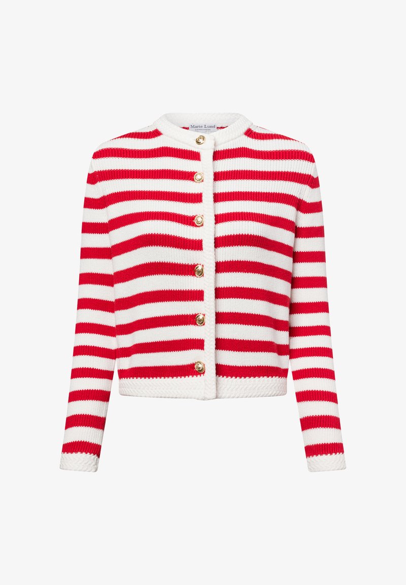 Gestreifte Strickjacke in Rot und Weiß mit Rundhalsausschnitt, Knopfleiste und goldfarbenen Knöpfen. Aus strukturiertem Strickstoff, kurz geschnitten.