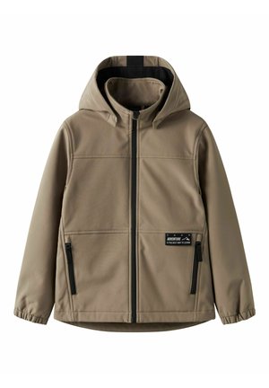 Světlohnědá bunda s kapucí na předním zipu, dvěma zipovými kapsami, elastickými manžetami a nášivkou s nápisem "Dobrodružství je nejlepší způsob, jak se učit."