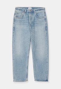 Ljusblå denimjeans med rak skärning. Har fem fickor, knäppning med knapp och subtila blekningar med en något använd känsla.