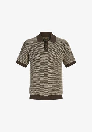 Polo à manches courtes marron et beige à motif, col marron foncé, patte de boutonnage et poignets aux manches et à l’ourlet.
