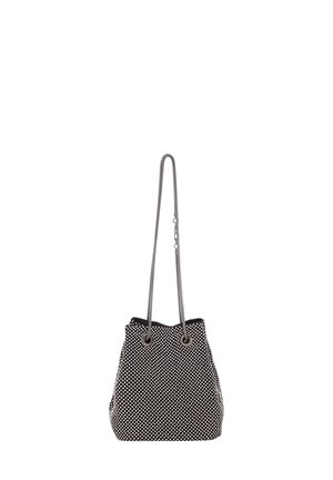 Schwarz-weiße Pünktchen-Stoff-Eimer-Tasche mit Zugverschluss und langem, schlankem Schulterriemen. Texturierte Oberfläche mit Metallösen.