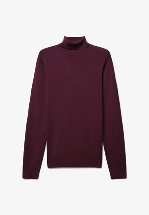 Burgundy turtleneck sweater made of soft knit material. Features long sleeves and a fitted design with ribbed edges at the collar and cuffs.