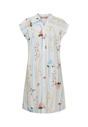 Kortærmet knælængde kjole med lodrette beige og blå striber og blomsterprint i pink, blå og hvid, med knaplukket V-udskæring.